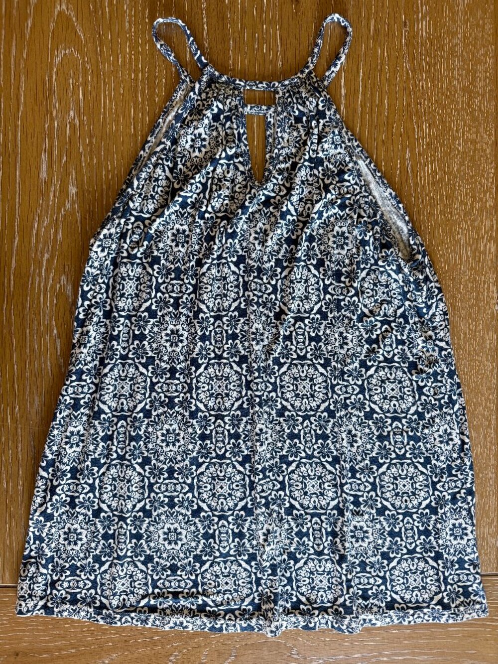 Navy White Tile Print Tank Top Boho Keyhole Sleeveless